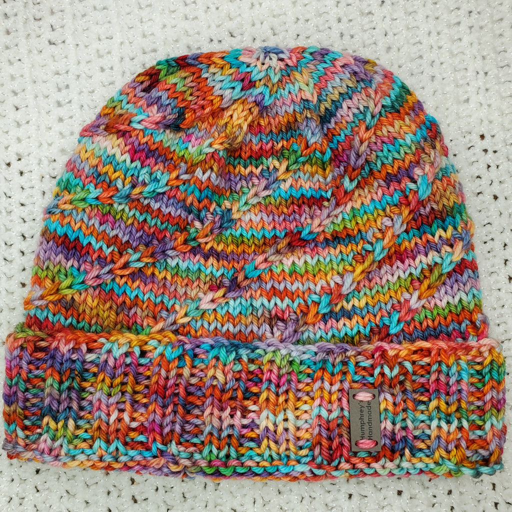 Hand Knit Beanie Hat Stocking Cap Luxury Premium Merino Cashmere Wool Multicolor Brown Multi-Color Merino Wool Knit Hat with Faux Fur Pom Pom  main image 2