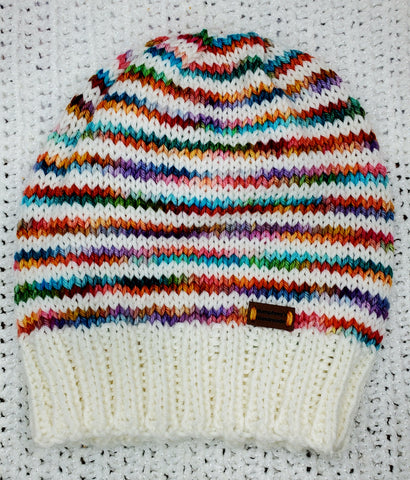 Women's Colorful "Rainbow Stripes" Merino Wool Beanie | Hand Knitted Winter Hat | USA Made | Blue Green Pink Purple Orange