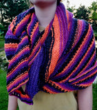CHARMED Striped Knitted Shawl or Halloween Boomerang Scarf | Medium | Purple Orange Black | Free Shawl Pin