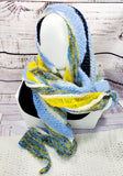 Blue and Yellow Striped Knitted Lace Shawl or Triangle Scarf | Merino Wool | Blue White Yellow | Free Shawl Pin
