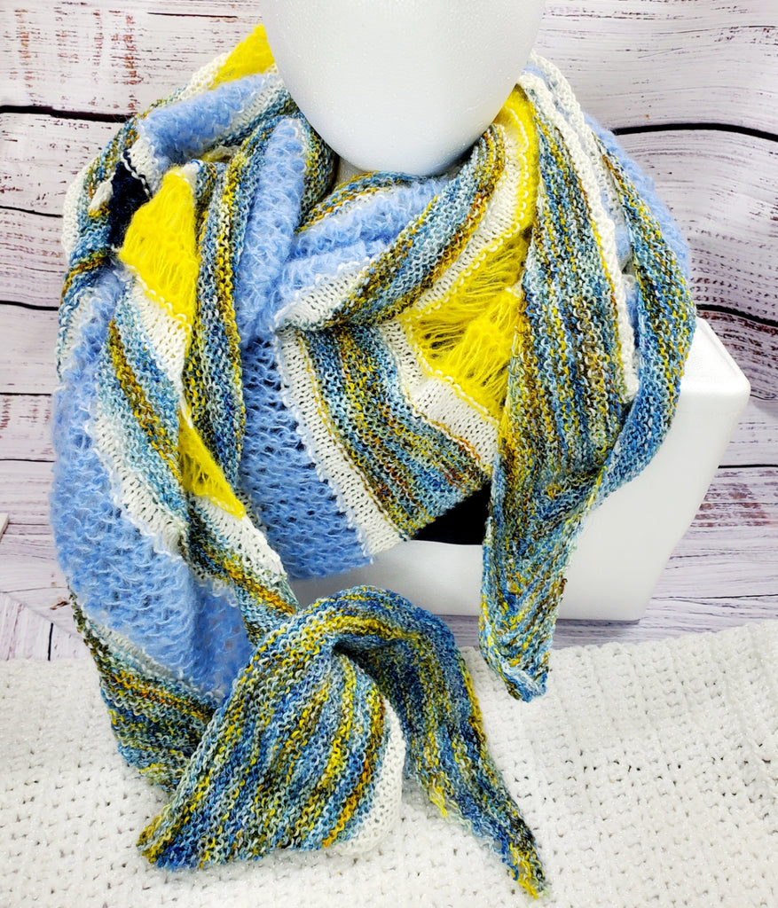 Blue and Yellow Striped Knitted Lace Shawl or Triangle Scarf