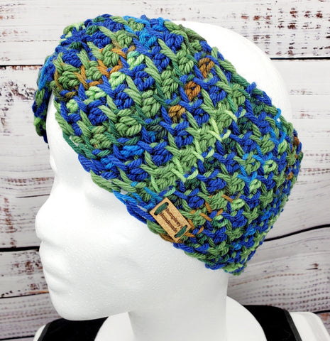 Women's Blue and Green Merino Wool Earwarmer | Tunisian Crochet Winter Headband | USA Made | Brown Blue Green