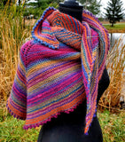 KALEIDOSCOPE Wool Striped Knitted "Sunset" Triangle Shawl | Medium | Pink Purple Blue Orange | Free Shawl Pin