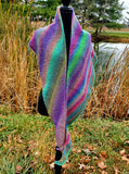 KALEIDOSCOPE Wool Striped Knitted Shawl "Lucky Charm" Boomerang Scarf | Medium | Green Purple Yellow | Free Shawl Pin