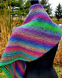KALEIDOSCOPE Wool Striped Knitted Shawl "Lucky Charm" Boomerang Scarf | Medium | Green Purple Yellow | Free Shawl Pin