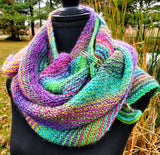 KALEIDOSCOPE Wool Striped Knitted Shawl "Lucky Charm" Boomerang Scarf | Medium | Green Purple Yellow | Free Shawl Pin