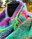 KALEIDOSCOPE Wool Striped Knitted Shawl "Lucky Charm" Boomerang Scarf | Medium | Green Purple Yellow | Free Shawl Pin