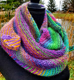 KALEIDOSCOPE Wool Striped Knitted Shawl "Lucky Charm" Boomerang Scarf | Medium | Green Purple Yellow | Free Shawl Pin