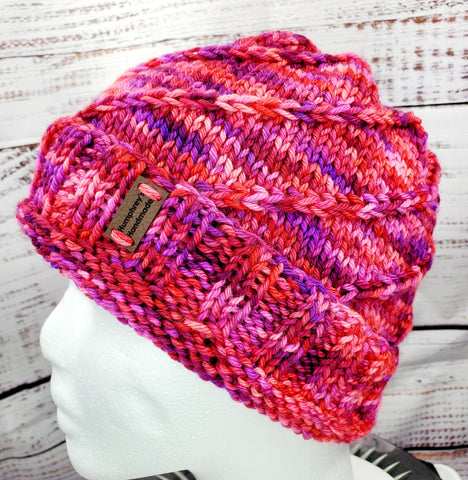 Women's Hot Pink "Twist" Merino Wool Beanie | Hand Knitted Winter Hat | USA Made | Pink Purple