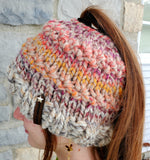 Women's "Rainbow Spice" Wool Blend Messy Bun Beanie | Hand Knitted Pony Tail Winter Hat | USA Made | Gray Pink Yellow Orange Multicolor