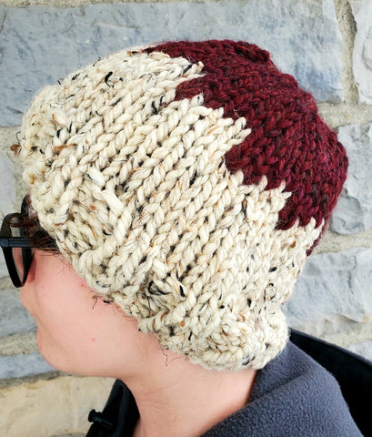 Bulky Burgundy and Beige Wool Blend Beanie| Unisex Fair Isle Hand Knitted Winter Hat | USA Made