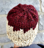 Bulky Burgundy and Beige Wool Blend Beanie| Unisex Fair Isle Hand Knitted Winter Hat | USA Made