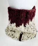 Bulky Burgundy and Beige Wool Blend Cowl | Unisex Fair Isle Hand Knitted Winter Scarf | USA Made