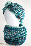 Women's Bulky Turquoise Wool Blend Cowl | Tunisian Crochet Winter Scarf | USA Made