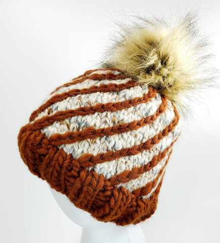 Women's Bulky Brown "Spiral" Wool Blend Beanie | Hand Knitted Winter Hat | USA Made | Brown and Natural Colors