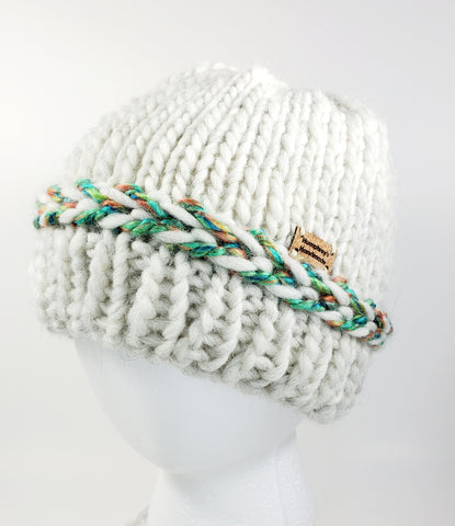 Women's Bulky Wool Latvian Braid Beanie | White Green Orange | Hand Knitted Winter Hat | Ohio USA Made