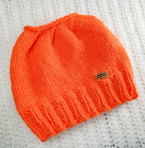 Women's Blaze ORANGE Wool Ponytail Beanie | Messy Bun Knitted Winter Hat | USA Made | Hunter Orange | Neon Orange