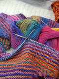 SUNRISE Rainbow Striped Knitted Shawl or Boomerang Scarf | Medium | Pink Purple Blue Yellow | Free Shawl Pin