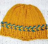 Women's Bulky Wool Latvian Braid Beanie | Mustard Yellow Emerald Green| Hand Knitted Winter Hat | Ohio USA Made