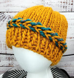 Women's Bulky Wool Latvian Braid Beanie | Mustard Yellow Emerald Green| Hand Knitted Winter Hat | Ohio USA Made