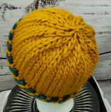 Women's Bulky Wool Latvian Braid Beanie | Mustard Yellow Emerald Green| Hand Knitted Winter Hat | Ohio USA Made