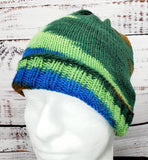 Men's GREEN BLUE & BROWN Merino Wool Hat | Knitted Winter Beanie | Mens | USA Made | Camo