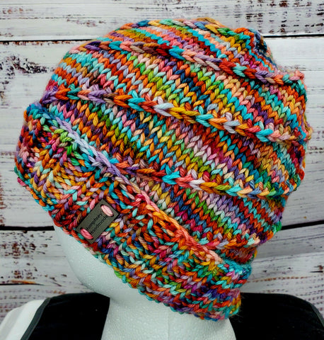 Women's Colorful "Rainbow Twist" Merino Wool Beanie | Hand Knitted Winter Hat | USA Made | Blue Green Pink Purple Orange