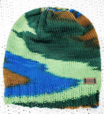 Men's GREEN BLUE & BROWN Merino Wool Hat | Knitted Winter Beanie | Mens | USA Made | Camo