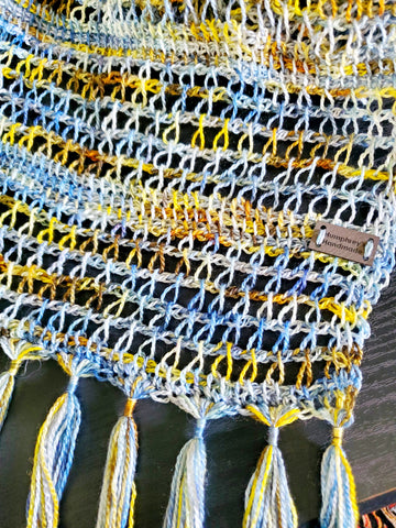 Blue and Yellow Lace Merino Wool Blend Scarf | Tunisian Crochet Extra Long Scarf | USA Made