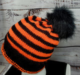 Halloween Blaze ORANGE and BLACK Wool Hat| Super Stretchy Knitted Winter Cap | Unisex | USA Made | Hunter Orange | Neon Orange