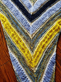 Blue and Yellow Striped Knitted Lace Shawl or Triangle Scarf | Merino Wool | Blue White Yellow | Free Shawl Pin