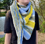 Blue and Yellow Striped Knitted Lace Shawl or Triangle Scarf | Merino Wool | Blue White Yellow | Free Shawl Pin