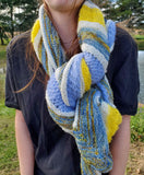 Blue and Yellow Striped Knitted Lace Shawl or Triangle Scarf | Merino Wool | Blue White Yellow | Free Shawl Pin