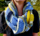 Blue and Yellow Striped Knitted Lace Shawl or Triangle Scarf | Merino Wool | Blue White Yellow | Free Shawl Pin