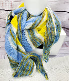 Blue and Yellow Striped Knitted Lace Shawl or Triangle Scarf | Merino Wool | Blue White Yellow | Free Shawl Pin