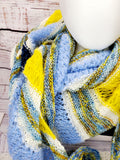 Blue and Yellow Striped Knitted Lace Shawl or Triangle Scarf | Merino Wool | Blue White Yellow | Free Shawl Pin