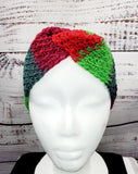 Women's CHRISTMAS STRIPES Merino Wool Twist Earwarmer | Tunisian Crochet Winter Headband | USA Made | Red Green