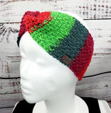 Women's CHRISTMAS STRIPES Merino Wool Twist Earwarmer | Tunisian Crochet Winter Headband | USA Made | Red Green
