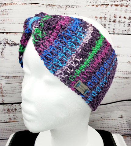 Women's Purple Rainbow Merino Wool Earwarmer | Tunisian Crochet Winter Headband | USA Made | Pink Green Blue