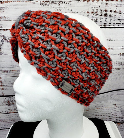 Women's Gray and Maroon Yak Wool Earwarmer | Tunisian Crochet Winter Headband | USA Made | Gray Dark Red