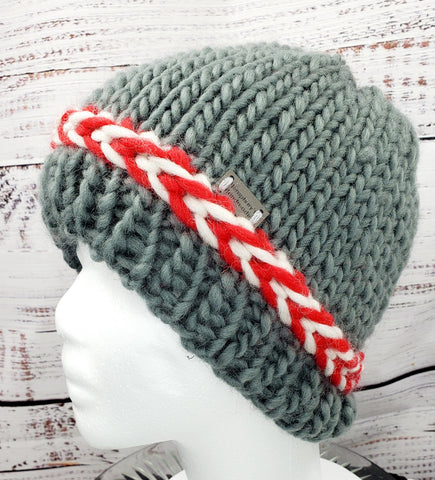 Unisex Bulky Wool Latvian Braid OSU Beanie | Scarlet Gray White | Hand Knitted Winter Hat | Ohio USA Made