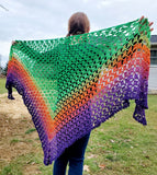 HEX Rainbow Crochet Shawl or Halloween Triangle Scarf | 100% Cotton Large | Green Purple Orange | Free Shawl Pin