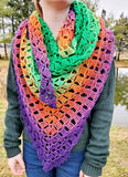 HEX Rainbow Crochet Shawl or Halloween Triangle Scarf | 100% Cotton Large | Green Purple Orange | Free Shawl Pin