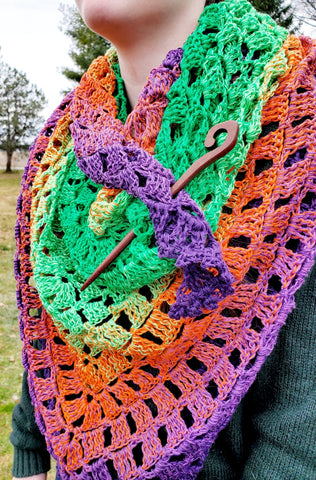 HEX Rainbow Crochet Shawl or Halloween Triangle Scarf | 100% Cotton Large | Green Purple Orange | Free Shawl Pin