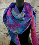 KALEIDOSCOPE Wool Striped Knitted Shawl "Mixed Tape" 90's Boomerang Scarf | Medium | Pink Purple Blue Green | Free Shawl Pin