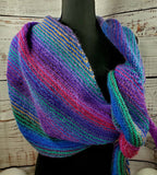 KALEIDOSCOPE Wool Striped Knitted Shawl "Mixed Tape" 90's Boomerang Scarf | Medium | Pink Purple Blue Green | Free Shawl Pin