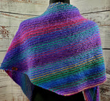 KALEIDOSCOPE Wool Striped Knitted Shawl "Mixed Tape" 90's Boomerang Scarf | Medium | Pink Purple Blue Green | Free Shawl Pin