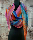 KALEIDOSCOPE Wool Striped Knitted Shawl "Watercolor" Boomerang Scarf | Medium | Pink Orange Blue | Free Shawl Pin