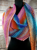 KALEIDOSCOPE Wool Striped Knitted Shawl "Watercolor" Boomerang Scarf | Medium | Pink Orange Blue | Free Shawl Pin