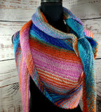 KALEIDOSCOPE Wool Striped Knitted Shawl "Watercolor" Boomerang Scarf | Medium | Pink Orange Blue | Free Shawl Pin